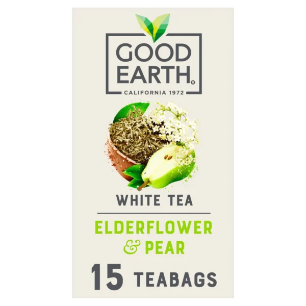 Www-Teas-Co-Uk-Good-Earth-Elderflower-And-Pear-White-Tea-15-Tea-Bags-18G-5000208052097-Front-Of-Box Good Earth Elderflower And Pear White Tea, 15 Tea Bags 18G