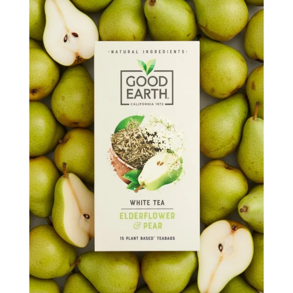 Www-Teas-Co-Uk-Good-Earth-Elderflower-And-Pear-White-Tea-15-Tea-Bags-18G-5000208052097-Front-Of-Box-Resting-On-A-Bed-Of-Pears-Lifestyle. Good Earth Elderflower And Pear White Tea, 15 Tea Bags 18G