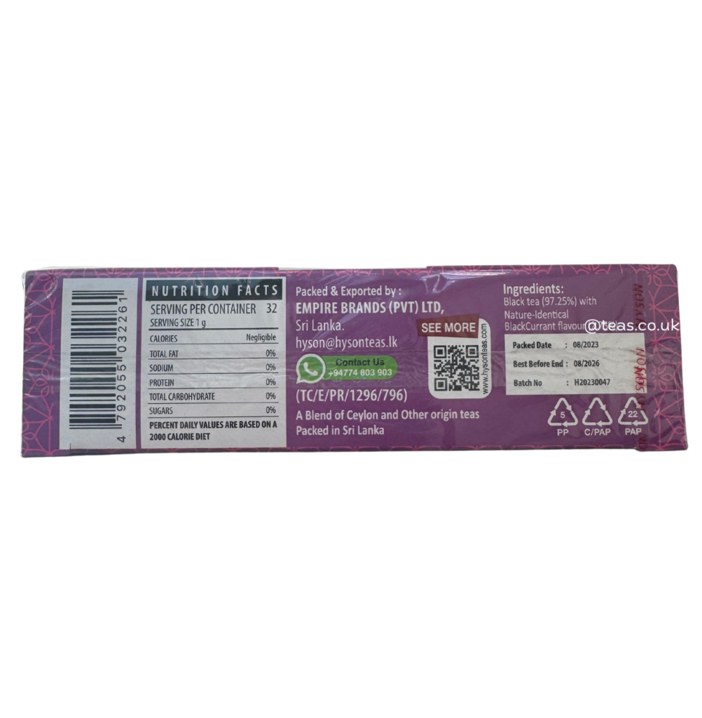 Hyson Blackcurrant Infused Black Tea, 32 Tea Bags 32G, Worldwide Teas, Empire Brands (Pvt) Ltd. Sold By Teas.co.uk.