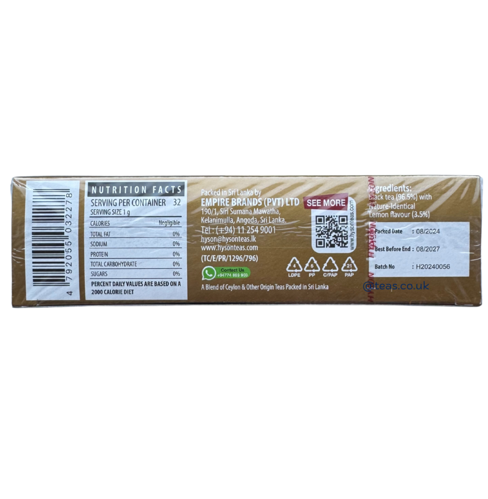 Hyson Lemon Infused Black Tea, 32 Tea Bags 32G, Worldwide Teas, Empire Brands (Pvt) Ltd. Sold By Teas.co.uk.