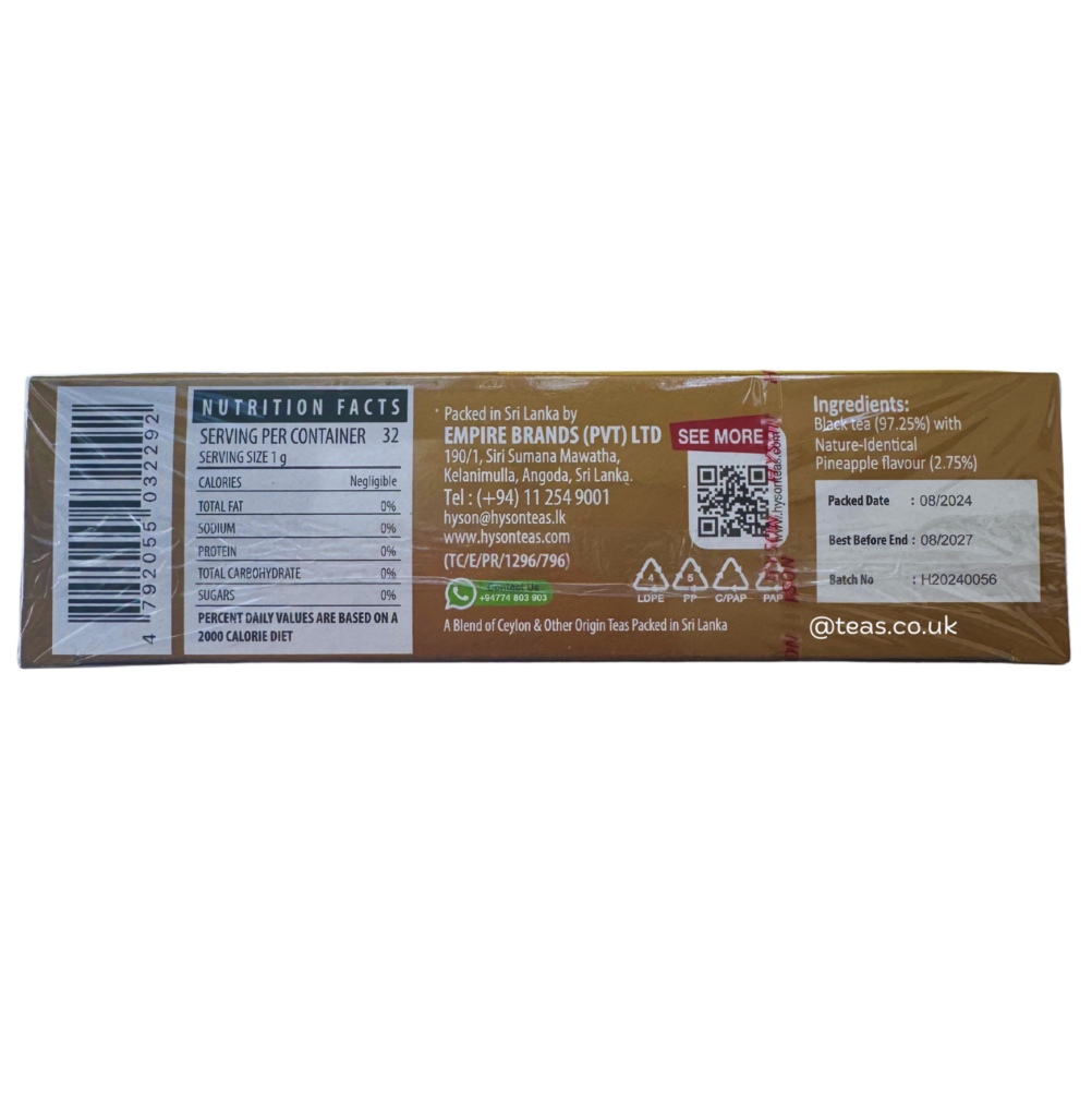 Hyson Pineapple Infused Black Tea, 32 Tea Bags 32G, Black Tea, Empire Brands (Pvt) Ltd. Sold By Teas.co.uk.