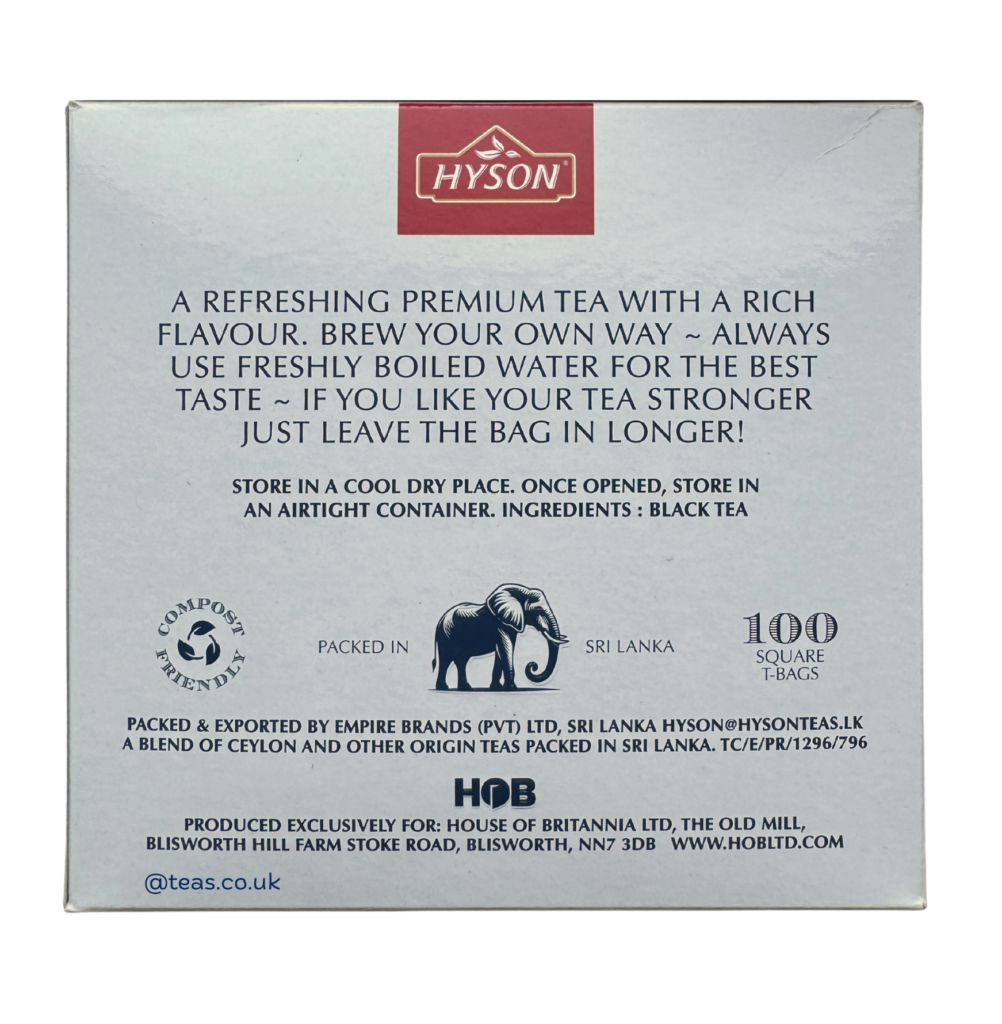 Hyson Premium Breakfast Tea, 100 Tea Bags 180G, Black Tea, Empire Brands (Pvt) Ltd. Sold By Teas.co.uk.