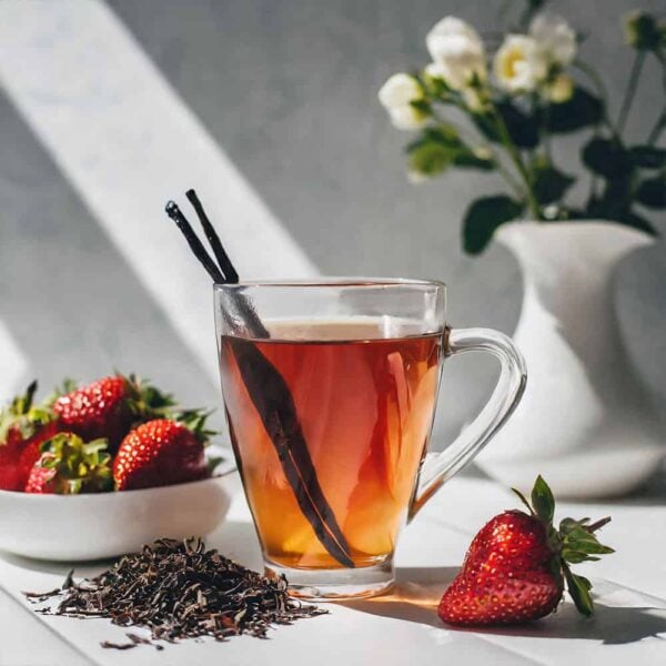 Hyson Strawberry Infused Black Tea, 32 Tea Bags 32g, lifestyle black tea brewingwebp, available at teas.co.uk