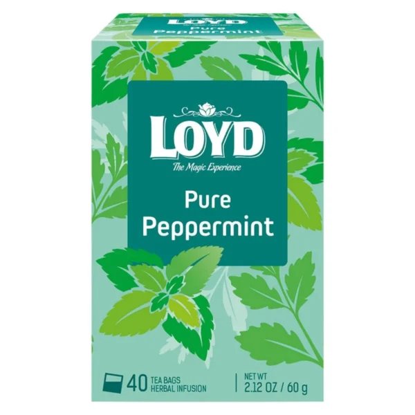 Loyd Pure Peppermint, 40 Tea Bags 60g, front of box, available at teas.co.uk