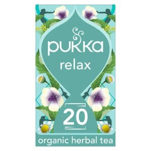 Pukka Organic Relax, 20 Tea Bags 40g, front of box, available at teas.co.uk