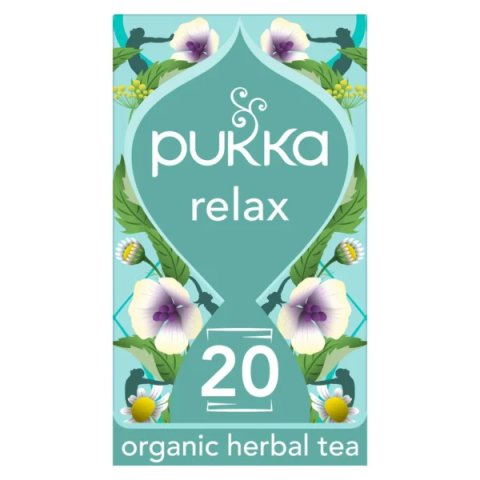 Pukka Organic Relax, 20 Tea Bags 40g, front of box, available at teas.co.uk