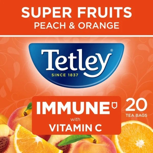 The Hot Cup Of Tetley Super Fruits Peach And Orange 1 Tetley Super Fruits Immune Peach And Orange, 20 Tea Bags 40G, Fruit And Herbal Tea, Tata Consumer Products Uk Group Limited. Sold By Teas.co.uk.