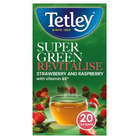 Tetley Super Green Revitalise Strawberry and Raspberry, 20 Tea Bags 40g