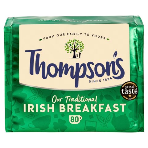 Thompson's Irish Breakfast, 80 Tea Bags 250g, front of box, available at teas.co.uk