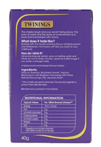 Twinings Blackcurrant and Blueberry, 20 Tea Bags 30g, Fruit and Herbal Tea, R. Twining and Company Limited. Sold by Teas.co.uk.