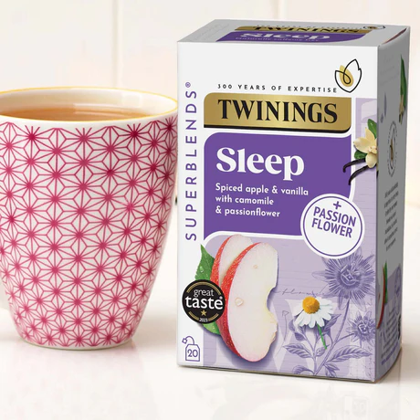 Www-Teas-Co-Uk-Twinings-Sleep-Passionflower-20-Tea-Bags-30G-070177178505-Box-With-Tea-Brewed-In-Mug Twinings Sleep Passionflower, 20 Tea Bags 30G