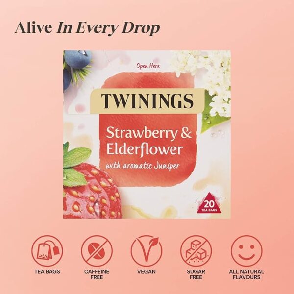 Www-Teas-Co-Uk-Twinings-Strawberry-And-Elderflower-20-Tea-Bags-40G-070177227531-Front-Of-Box-Against-Pink-Background Twinings Strawberry And Elderflower, 20 Tea Bags 40G