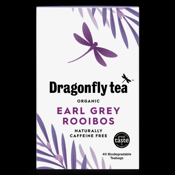 Dragonfly Organic Earl Grey Rooibos, 40 Tea Bags 100G, Front Of Box, Available At Teas.co.uk
