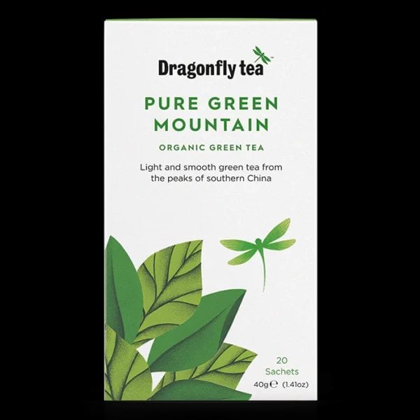 Dragonfly Organic Pure Green Mountain, 40 Tea Bags 80G, Front Of Box, Available At Teas.co.uk