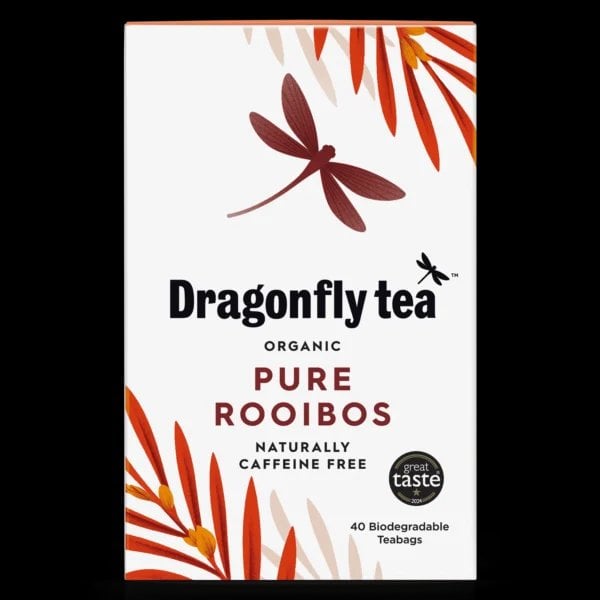 Dragonfly Organic Pure Rooibos, 40 Tea Bags 100G, Front Of Box, Available At Teas.co.uk