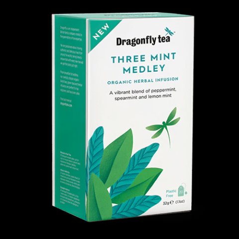 Dragonfly Organic Three Mint Medley, 40 Tea Bags 100g, Fruit and Herbal Tea, Dragonfly Teas Limited. Sold by Teas.co.uk.