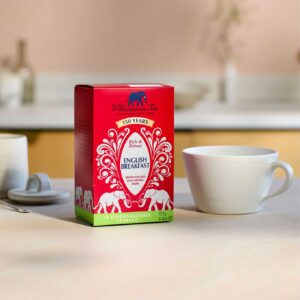 Williamson English Breakfast, 50 Tea Bags 125g, front of box with cup in lifestyle setting, available at teas.co.uk