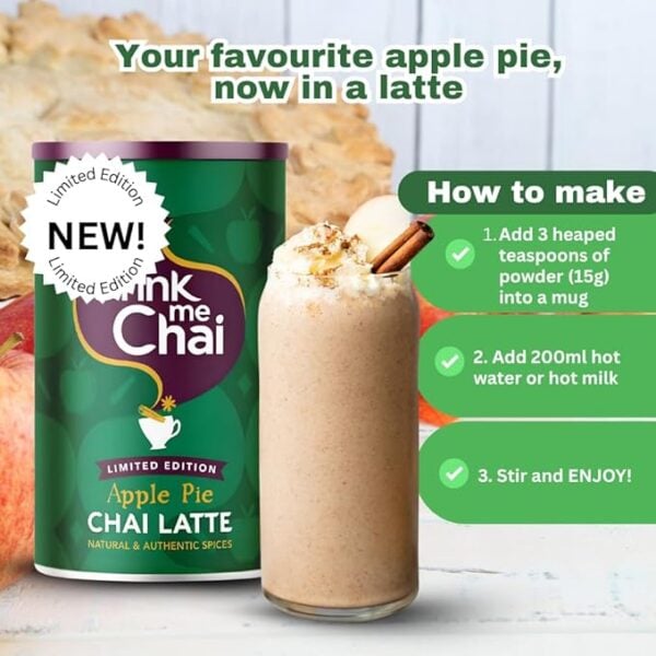 Drink Me Chai Apple Pie Chai Latte, 250G, Front Of Jar With Instructions To Make Chai Latte, Available At Teas.co.uk