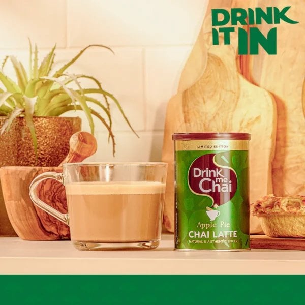 Drink Me Chai Apple Pie Chai Latte, 250G, Jar With Brewed Chai Latte Lifestyle, Available At Teas.co.uk
