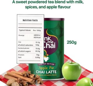 Drink Me Chai Apple Pie Chai Latte, 250g, jar with nutrition fact sheet, available at teas.co.uk