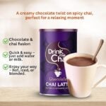 Drink Me Chai Chocolate Chai Latte, 225g, front of jar with how to brew, available at teas.co.uk