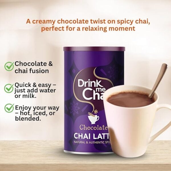 Drink Me Chai Chocolate Chai Latte, 225G, Front Of Jar With How To Brew, Available At Teas.co.uk