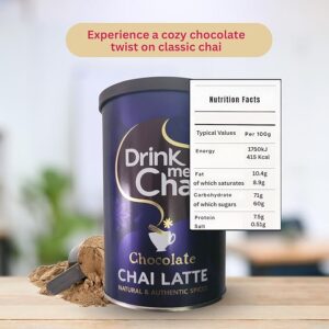 Drink Me Chai Chocolate Chai Latte, 225g, front of jar with ingredients, available at teas.co.uk