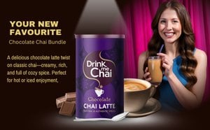 Drink Me Chai Chocolate Chai Latte, 225g, front of jar. with lady drinking and holding drink, available at teas.co.uk