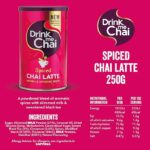 Drink Me Chai Spiced Chai Latte, 250g, front of jar and pink background with facts, available at teas.co.uk