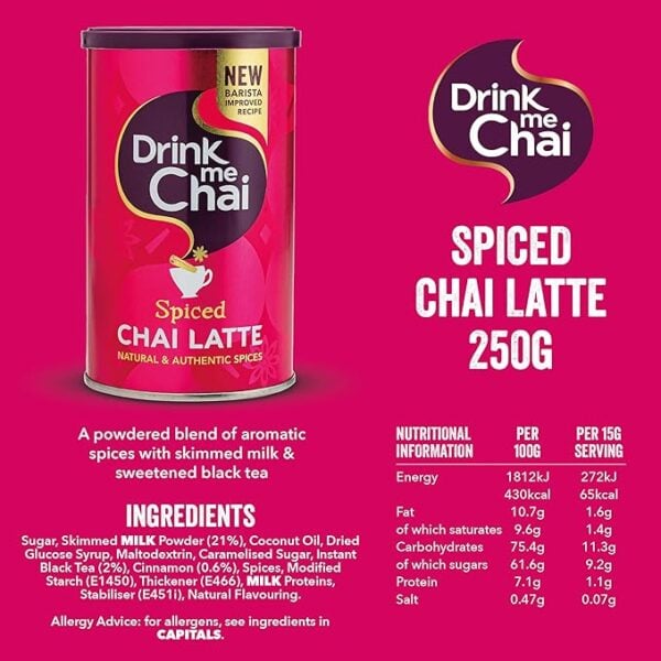Drink Me Chai Spiced Chai Latte, 250G, Front Of Jar And Pink Background With Facts, Available At Teas.co.uk