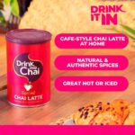 Drink Me Chai Spiced Chai Latte, 250g, front of jar with advert lifestyle look, available at teas.co.uk