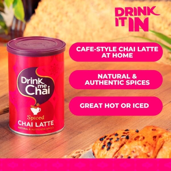 Drink Me Chai Spiced Chai Latte, 250G, Front Of Jar With Advert Lifestyle Look, Available At Teas.co.uk