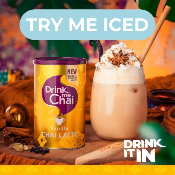 Drink Me Chai Vanilla Chai Latte, 250G, Jat And Chai Latte In Clear Mug, Available At Teas.co.uk