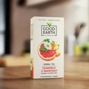 Good Earth Chamomile and Grapefruit, 15 Tea Bags 42g, front of box with left side showing, available at teas.co.uk