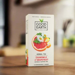 Good Earth Chamomile and Grapefruit, 15 Tea Bags 42g, front of box with left side showing, available at teas.co.uk