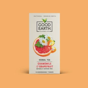Good Earth Chamomile and Grapefruit, 15 Tea Bags 42g, front of box with orange background, available at teas.co.uk