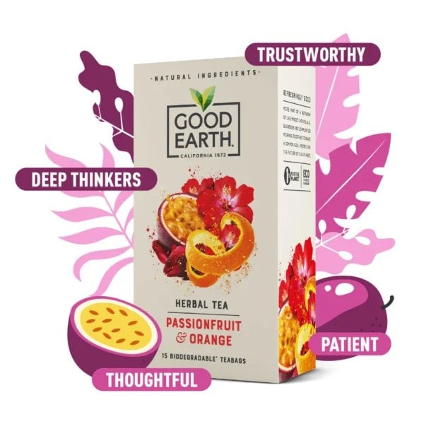Good Earth Passionfruit And Orange, 15 Tea Bags 37.5G, Front Of Box With Health Benefits, Available At Teas.co.uk