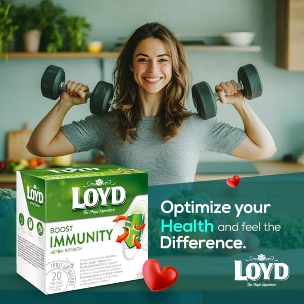 Loyd Boost Immunity, 20 Tea Bags 40G, Front Of Box With Lady Working Out Due To Excellent Health, Available At Teas.co.uk