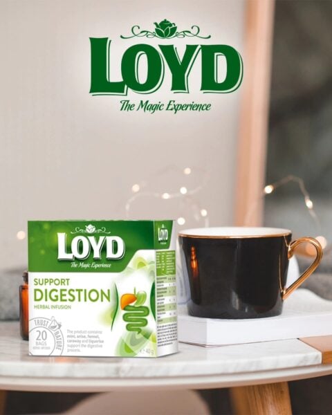 Loyd Digestion Support, 20 Tea Bags 40g, front of box with brewed tea in mug, available at teas.co.uk