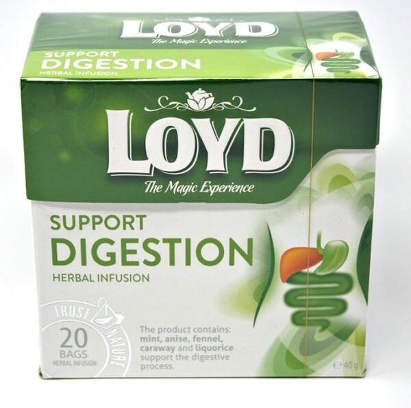 Loyd Digestion Support, 20 Tea Bags 40g, front of box with top view, available at teas.co.uk