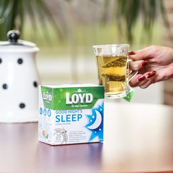Loyd Good Night's Sleep, 20 Tea Bags 24g, front of box with brewed tea in glear glass cup, available at teas.co.uk