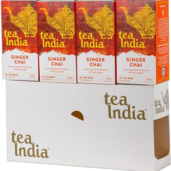 Tea India Ginger Chai 40 Tea Bags 100G Four, Boxes On Display, Available At Teas.co.uk