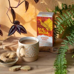 Tea India Ginger Chai, 40 Tea Bags 100g, lifestyle with brewed tea in mug, available at teas.co.uk