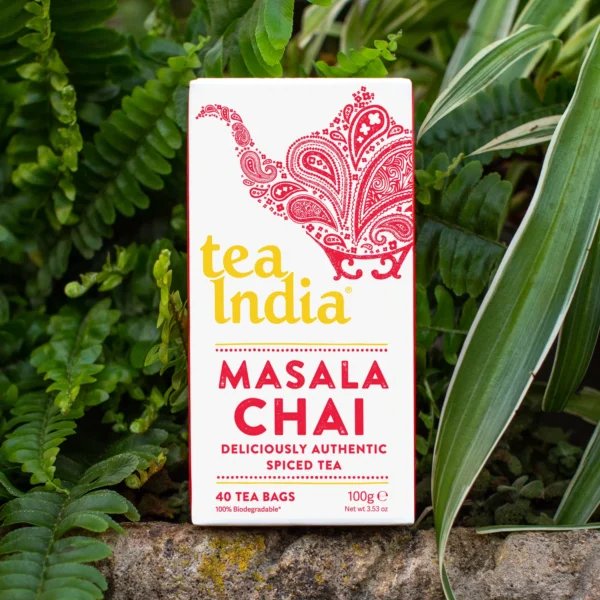 Tea India Masala Chai 40 Tea Bags 100G New Style Box, lifestyle shot, available at teas.co.uk
