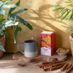 Tea India Masala Chai 40 Tea Bags 100G Old Design In Authentic, lifestyle with mug, available at teas.co.uk