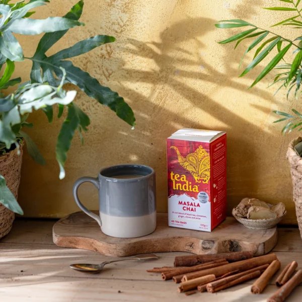 Tea India Masala Chai 40 Tea Bags 100G Old Design In Authentic, lifestyle with mug, available at teas.co.uk