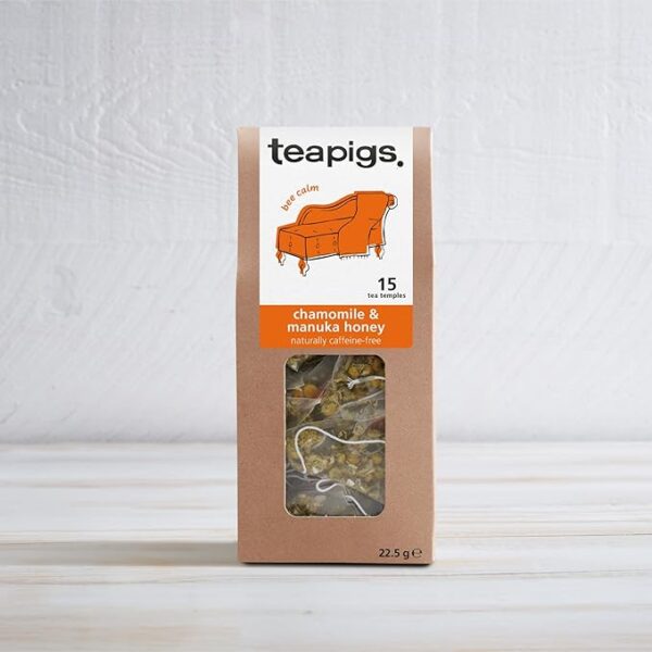 Teapigs Chamomile and Manuka Honey, 15 Tea Bags 22.5g, front of box lifestyle, available at teas.co.uk