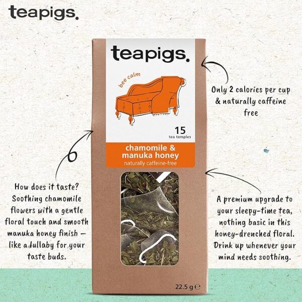 Teapigs Chamomile and Manuka Honey, 15 Tea Bags 22.5g, front of box with health facts, available at teas.co.uk