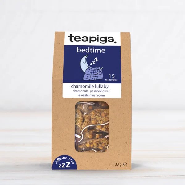 Teapigs Chamomile Lullaby Bedtime, 15 Tea Bags 33g, front of box lifestyle, available at teas.co.uk