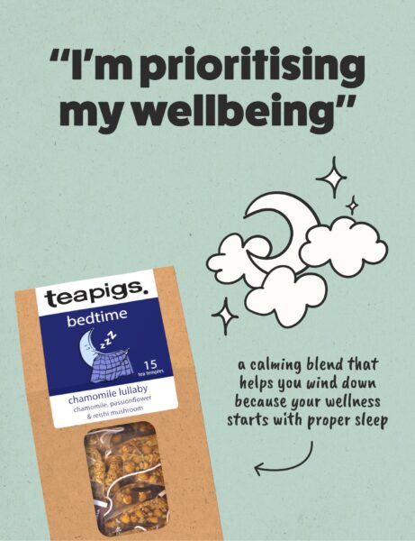Teapigs Chamomile Lullaby Bedtime, 15 Tea Bags 33g, front of box with health facts, available at teas.co.uk